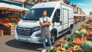Chiller van rental in Dubai with a vendor delivering fresh fruits and vegetables at the market.